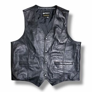 Bonus Genuine Leather Biker Vest Men Black Snap Button Motorcycle Western Large